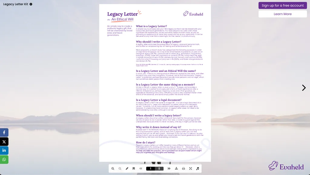 Legacy Letter Kit: Download yours for free or complete it in your Evaheld account when you sign up! It’s free!