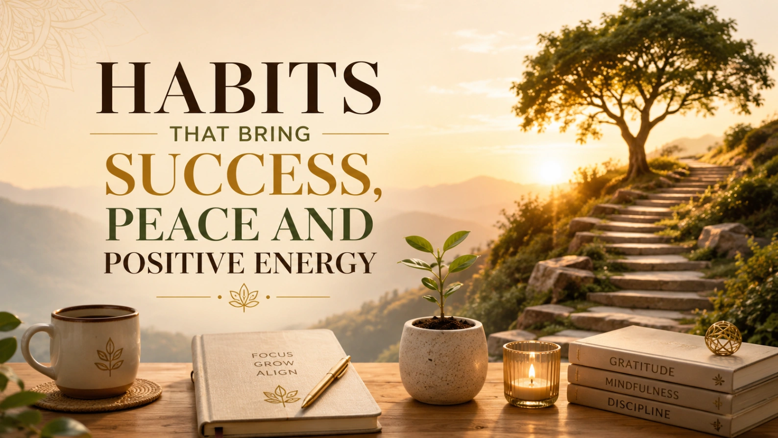 Aesthetic sunrise image showing a peaceful mountain path, green tree, journal, candle, books and plant with the title “Habits That Bring Success, Peace and Positive Energy.”