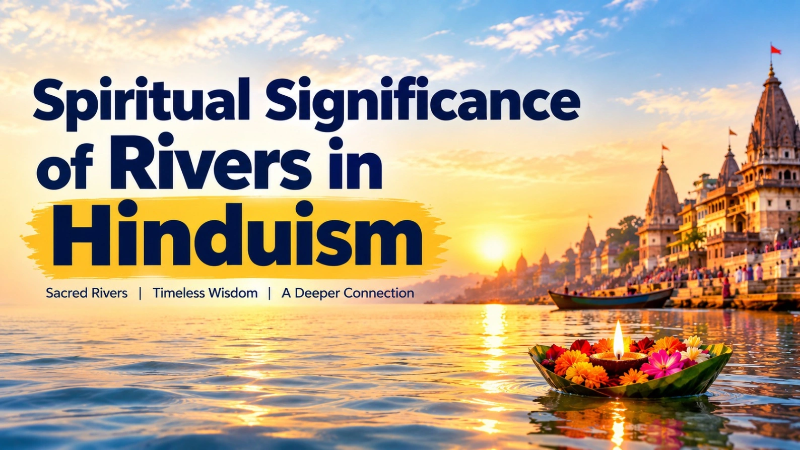 Spiritual significance of rivers in Hinduism, featuring sacred Ganga river rituals, floating diyas, and sunrise over traditional Indian temple ghats.