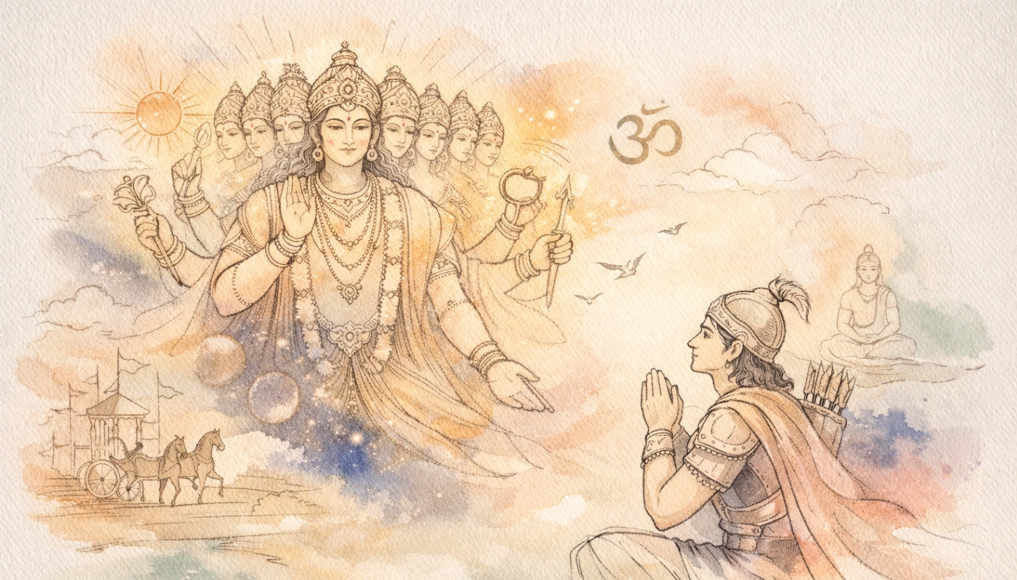 Soft watercolor line art illustration of Lord Krishna revealing his Virat Roop to Arjuna from the Bhagavad Gita, featuring delicate charcoal outlines, saffron and indigo washes, golden glow accents, and serene spiritual composition on textured watercolor paper.