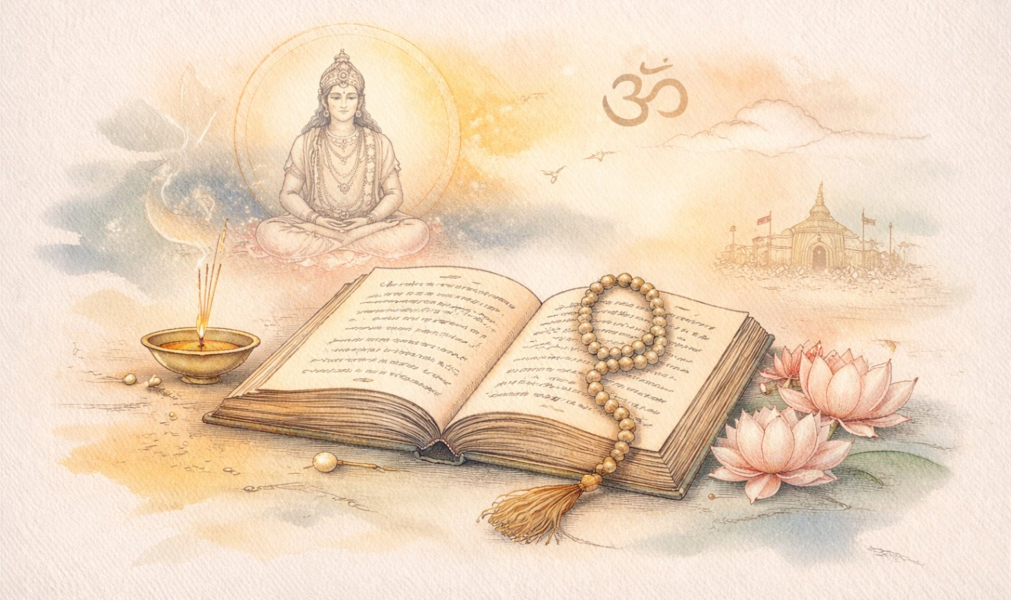 Soft watercolor spiritual line art illustration of an open Bhagavad Gita with a japa mala and lotus flowers, glowing diya lamp and incense beside it, rendered in saffron, teal, pink and indigo washes with delicate charcoal outlines on textured watercolor paper, serene and sacred 16:9 composition with golden light accents.