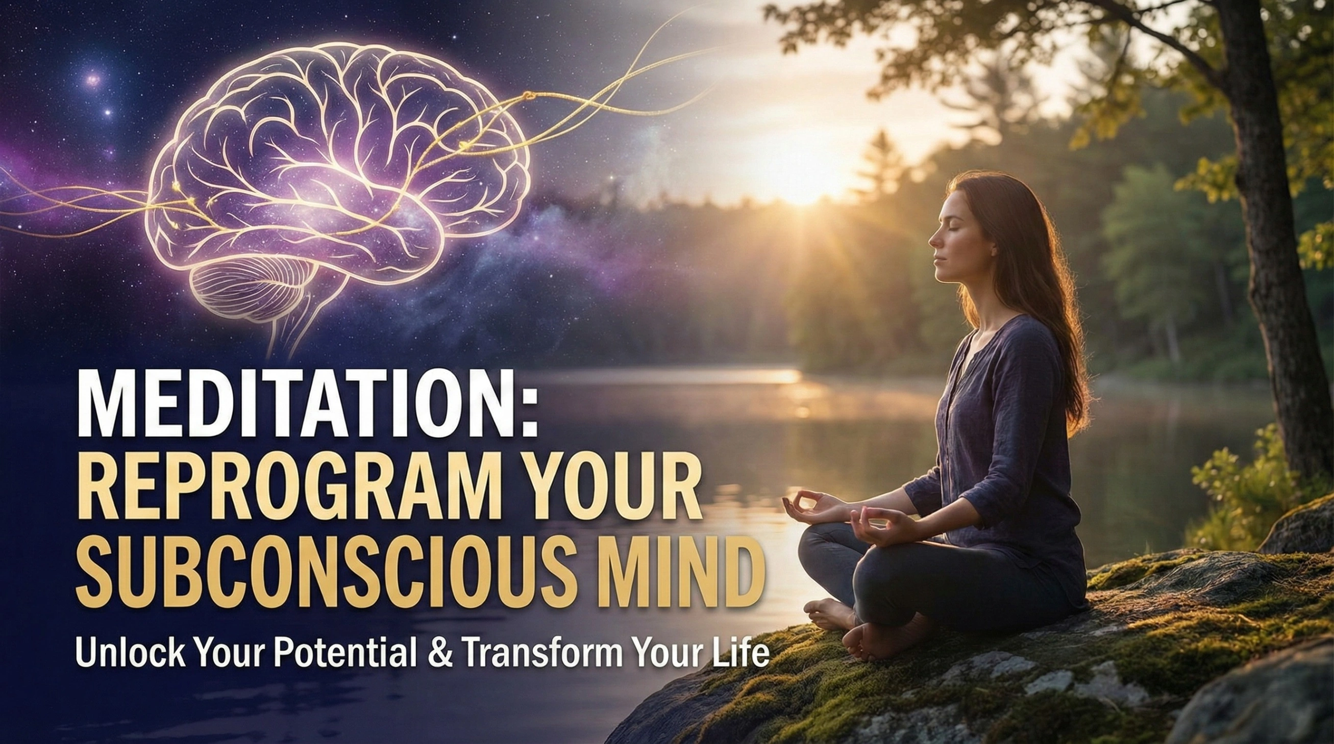 A blog thumbnail with a dark blue and gold theme. On the left is a stylized, glowing illustration of a human brain with neural pathways. In the center, large, bold white and gold text reads