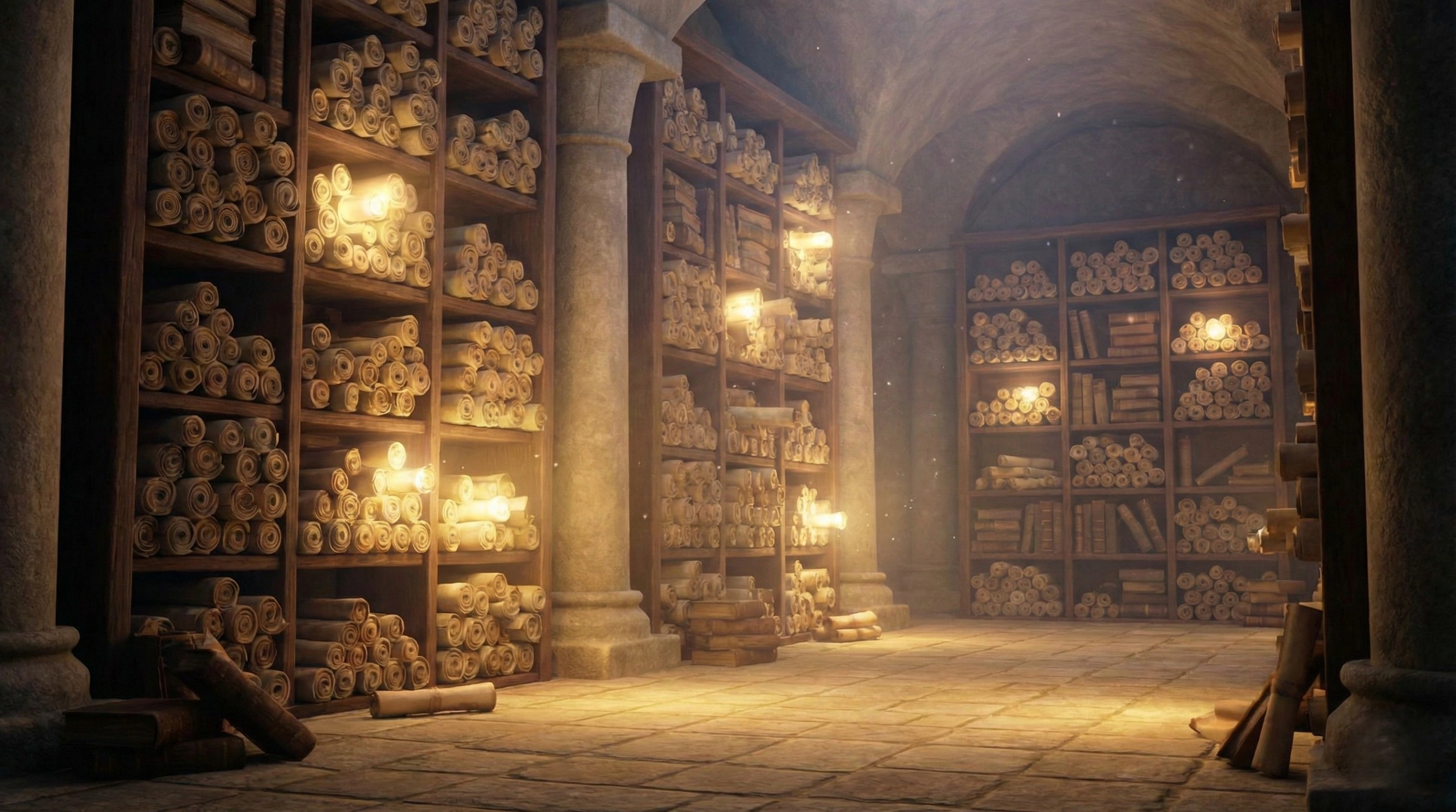 A vast, ancient library filled with countless scrolls on shelves, symbolizing the concept of Sanchita Karma or accumulated past actions, with a soft, warm glow emanating from within.