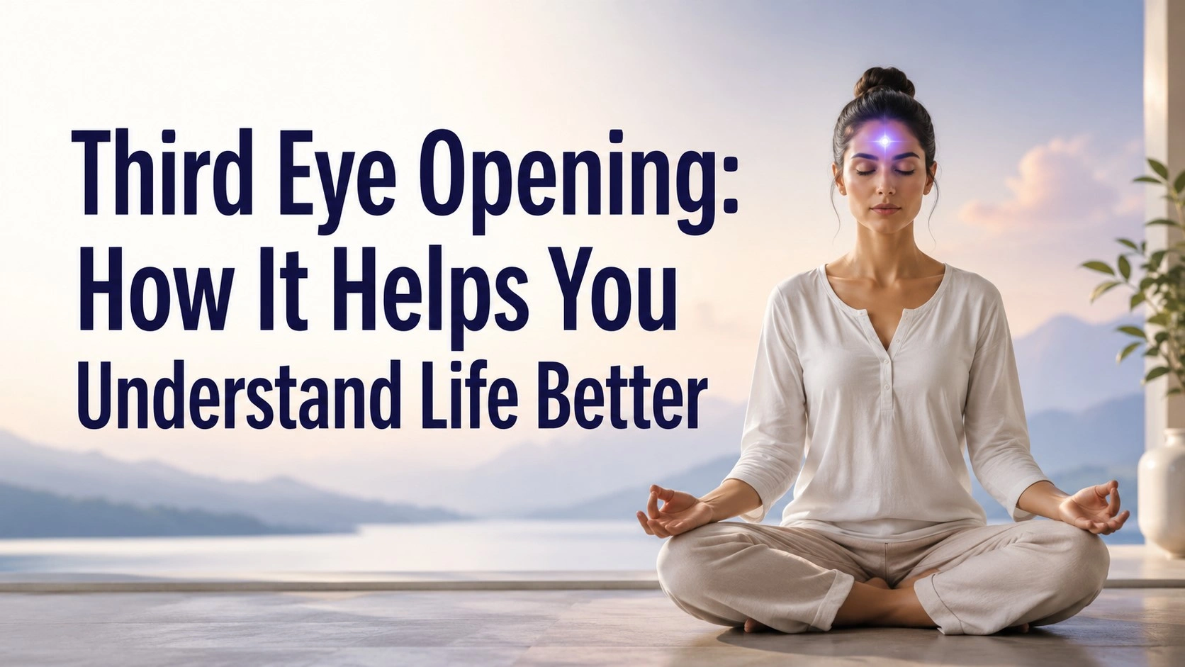 A serene woman meditating with a glowing third eye, symbolizing intuition, inner guidance, spiritual awareness, and life clarity.