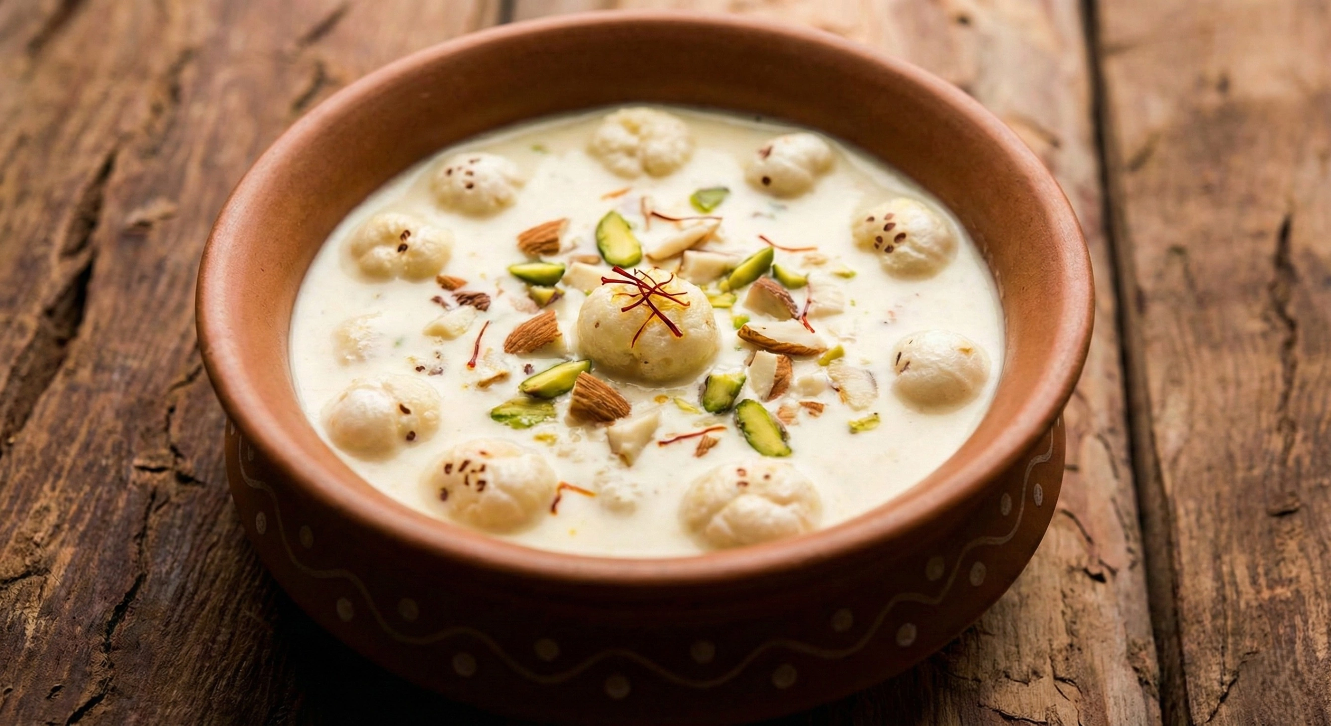 Creamy Makhana Kheer dessert served in a traditional clay bowl, topped with saffron strands, chopped almonds, and pistachios.