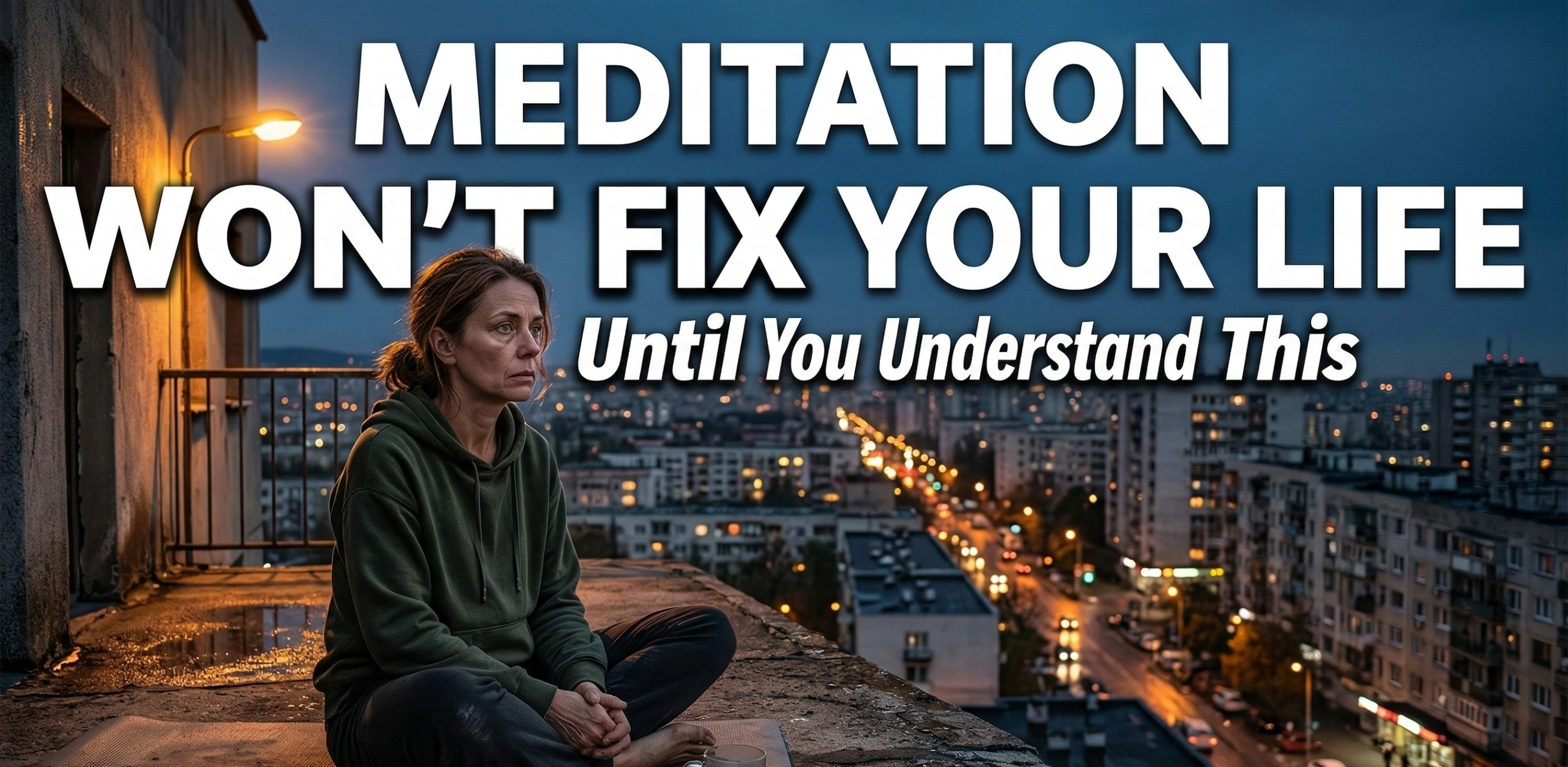 A realistic photograph of a pensive woman in an olive-green hoodie, sitting cross-legged on a yoga mat on a concrete rooftop at dusk. Behind her is a sprawling city skyline at night with trailing streetlights. Overlaid bold white text reads: