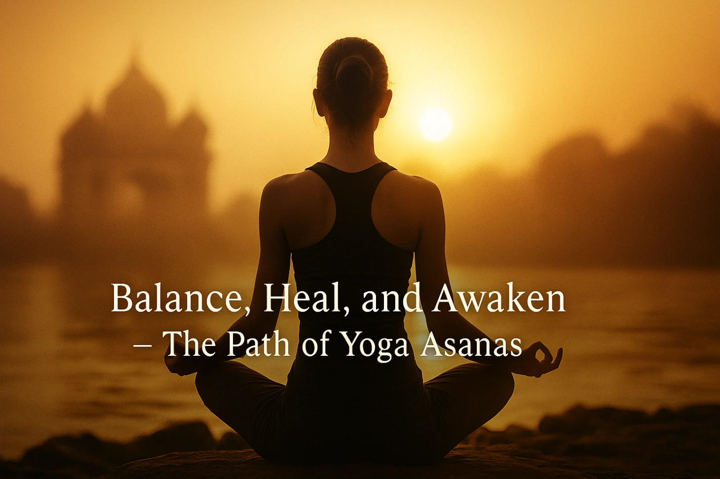 Meditating person surrounded by golden light symbolizing yoga, peace, and healing