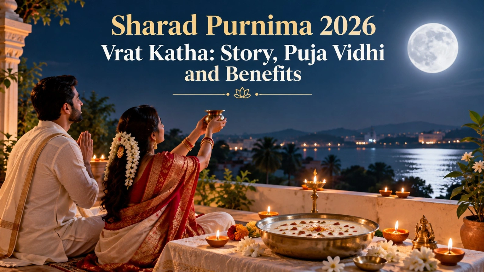 Sharad Purnima 2026 Vrat Katha celebration with devotees offering prayers to the full moon, diyas lit and kheer kept under moonlight.