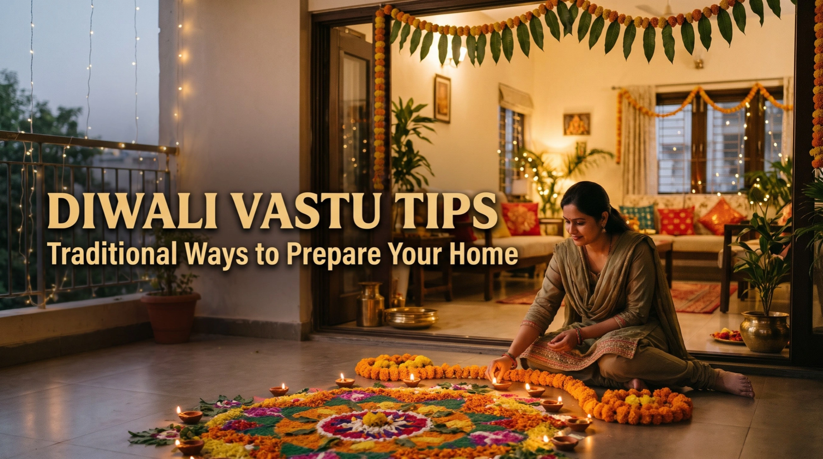 Traditional Diwali home decorated with glowing diyas, colourful rangoli, flowers, and a clean entrance, symbolising Vastu-inspired home preparation, harmony, and prosperity.