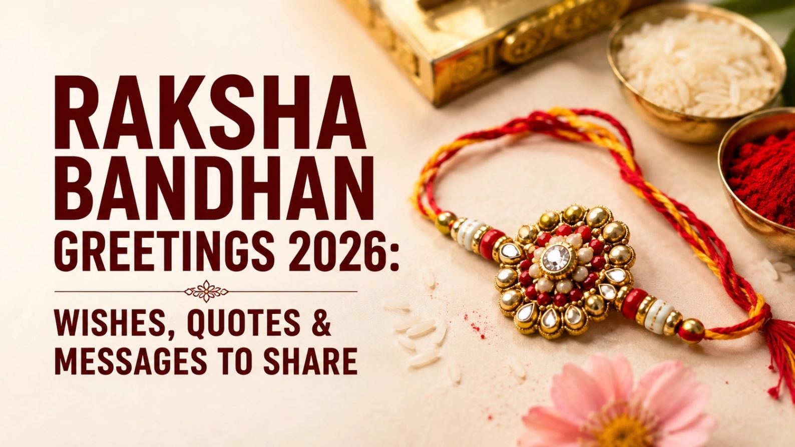Raksha Bandhan Greetings 2026 banner featuring a traditional red and gold Rakhi with kumkum, rice and festive elements, alongside bold text reading “Wishes, Quotes & Messages to Share.”