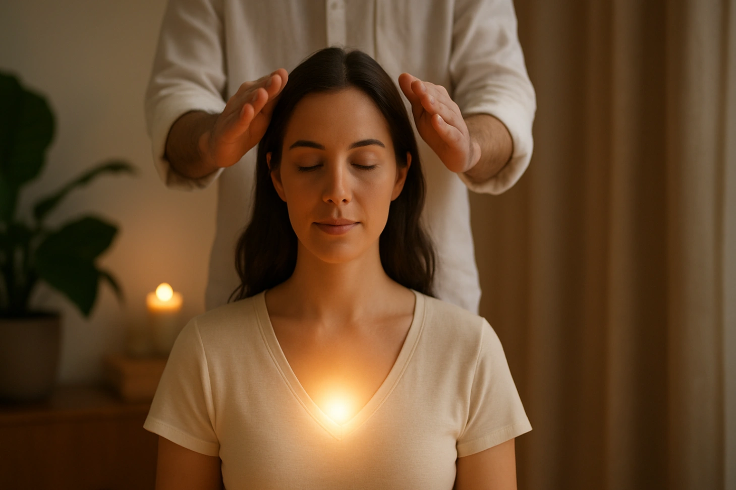 A serene woman with closed eyes places her hands over her chest and abdomen while standing against a soft multicolored gradient background, with the text ‘Energy Healing: A Complete Guide to How It Works & Why It Matters’ displayed at the center.