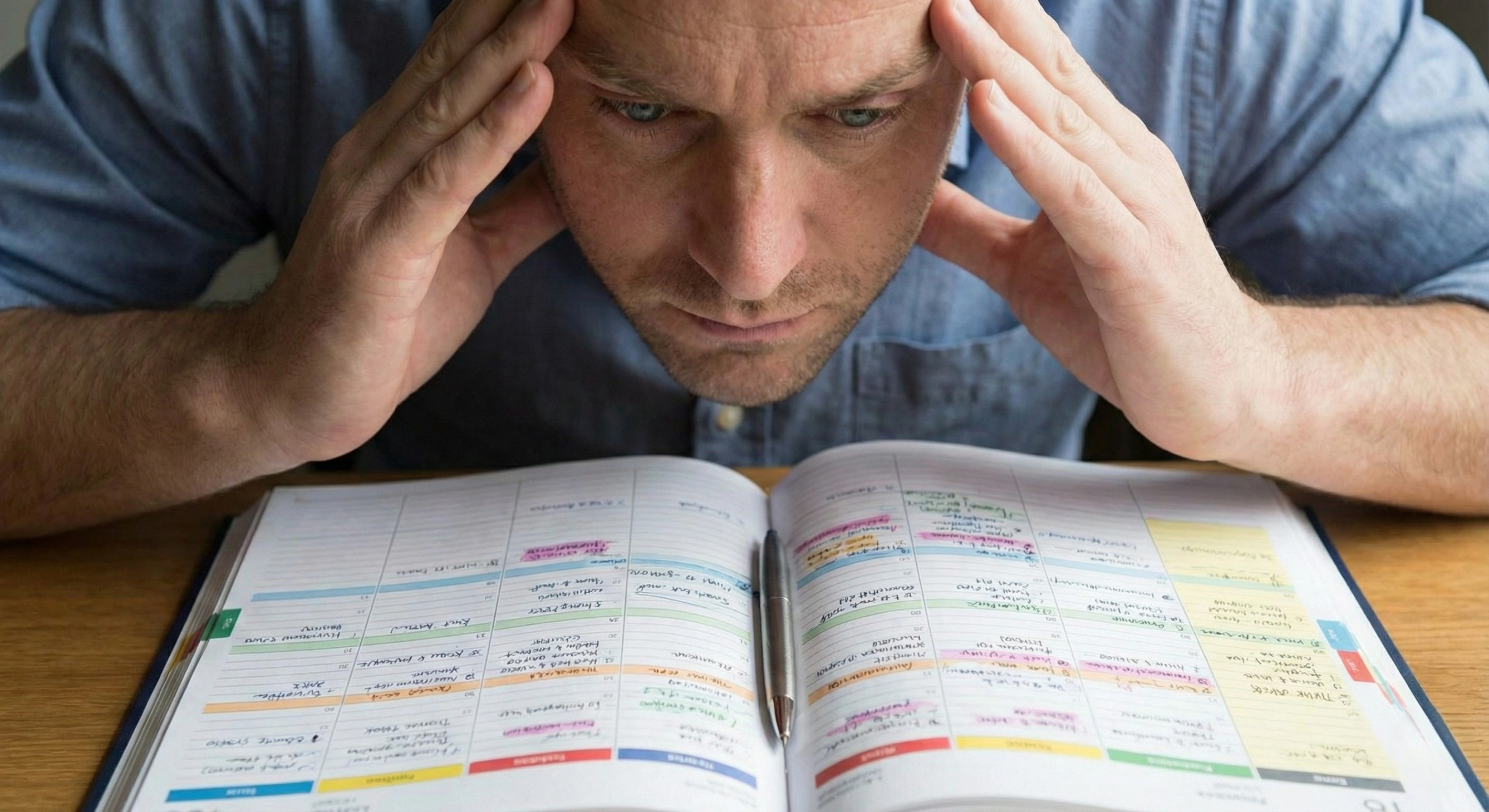 A man looking overwhelmed and stressed, with his hands on his head, staring at an open, heavily detailed daily planner on a desk.