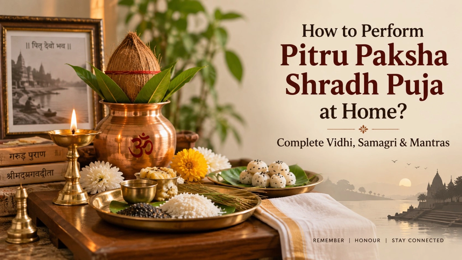 Pitru Paksha Shradh Puja at Home with diya, kalash, rice offerings, flowers, and traditional rituals showing complete vidhi, samagri, and mantras guide.
