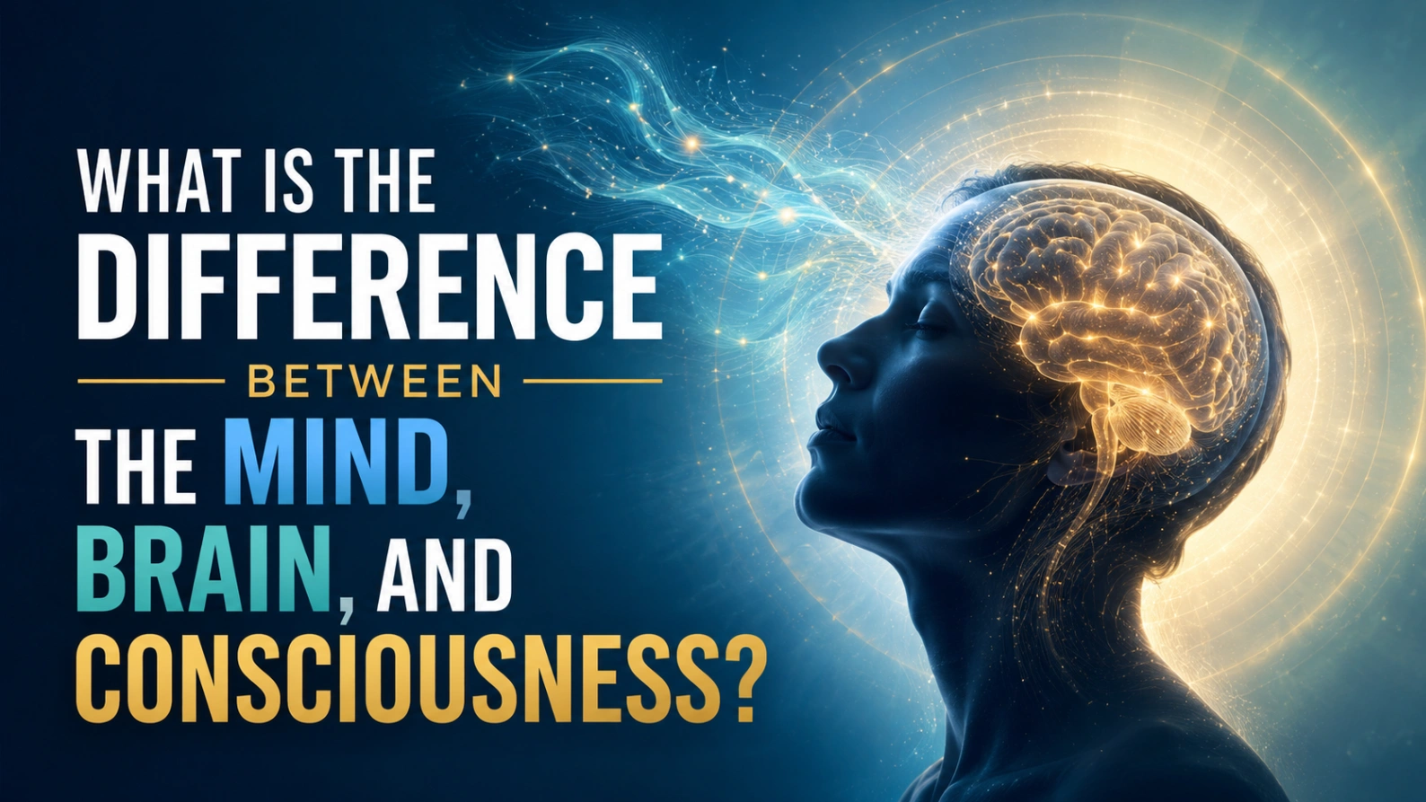 A glowing human profile with an illuminated brain, flowing neural patterns, and a radiant aura illustrating the difference between the mind, brain, and consciousness.
