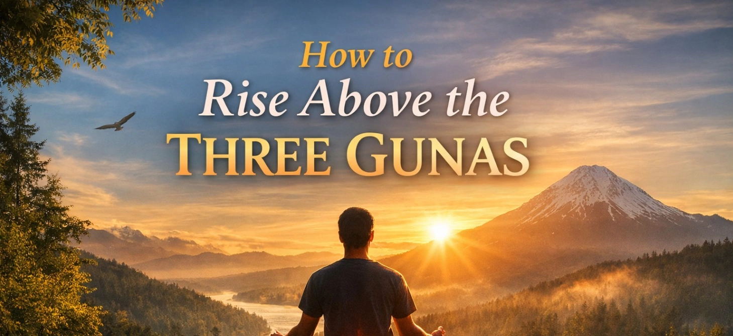 Realistic 16:9 spiritual blog image showing a person meditating at sunrise on a mountain overlooking a river and forest, symbolizing inner balance and transcendence, with the title “How to Rise Above the Three Gunas” displayed prominently.