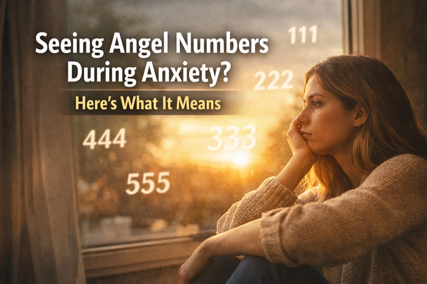 A realistic 16:9 image of a thoughtful young woman sitting by a window at sunset, looking outside with a calm yet anxious expression. Soft golden light fills the scene while glowing angel numbers like 111, 222, 333, 444, and 555 float subtly in the background. Bold text reads “Seeing Angel Numbers During Anxiety? Here’s What It Means,” creating a peaceful yet introspective mood.
