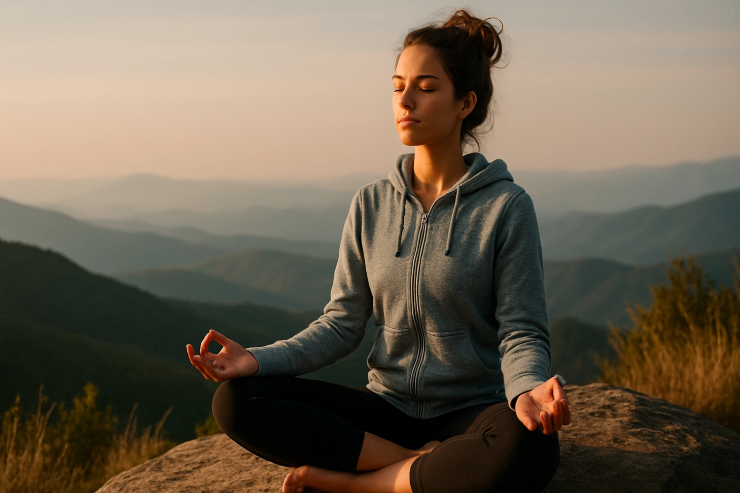 A young woman meditating peacefully on a rock in the mountains during golden hour, sitting cross-legged with eyes closed, surrounded by soft sunlight and distant rolling hills.