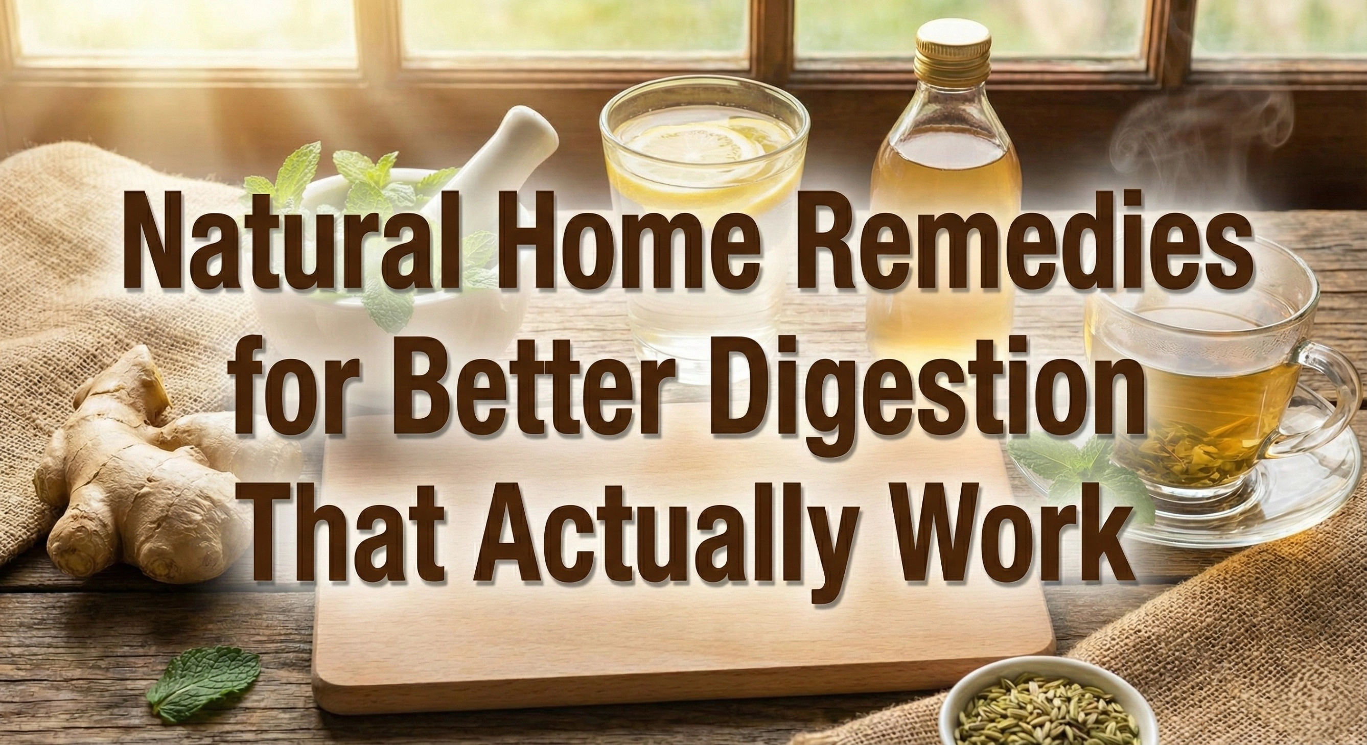 A rustic wooden table setting displaying natural digestive aids including fresh ginger root, mint leaves in a mortar, a glass of lemon water, apple cider vinegar, herbal tea, and fennel seeds, arranged around a wooden board featuring the bold text: 