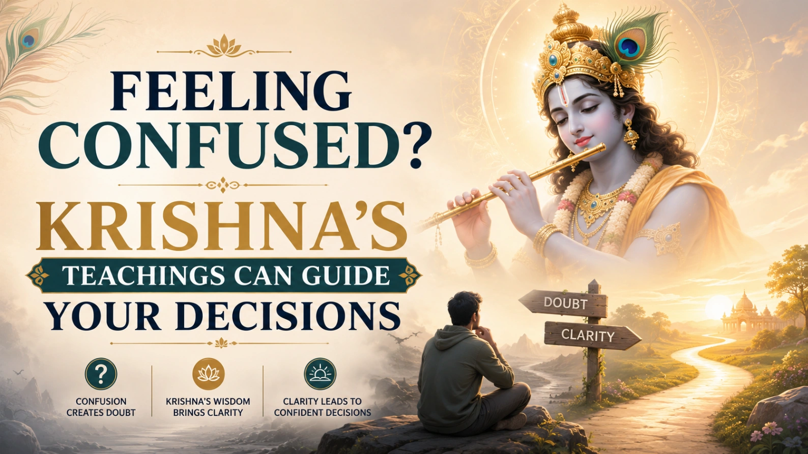 Lord Krishna guiding a confused person toward clarity and wise decision making through Bhagavad Gita teachings.