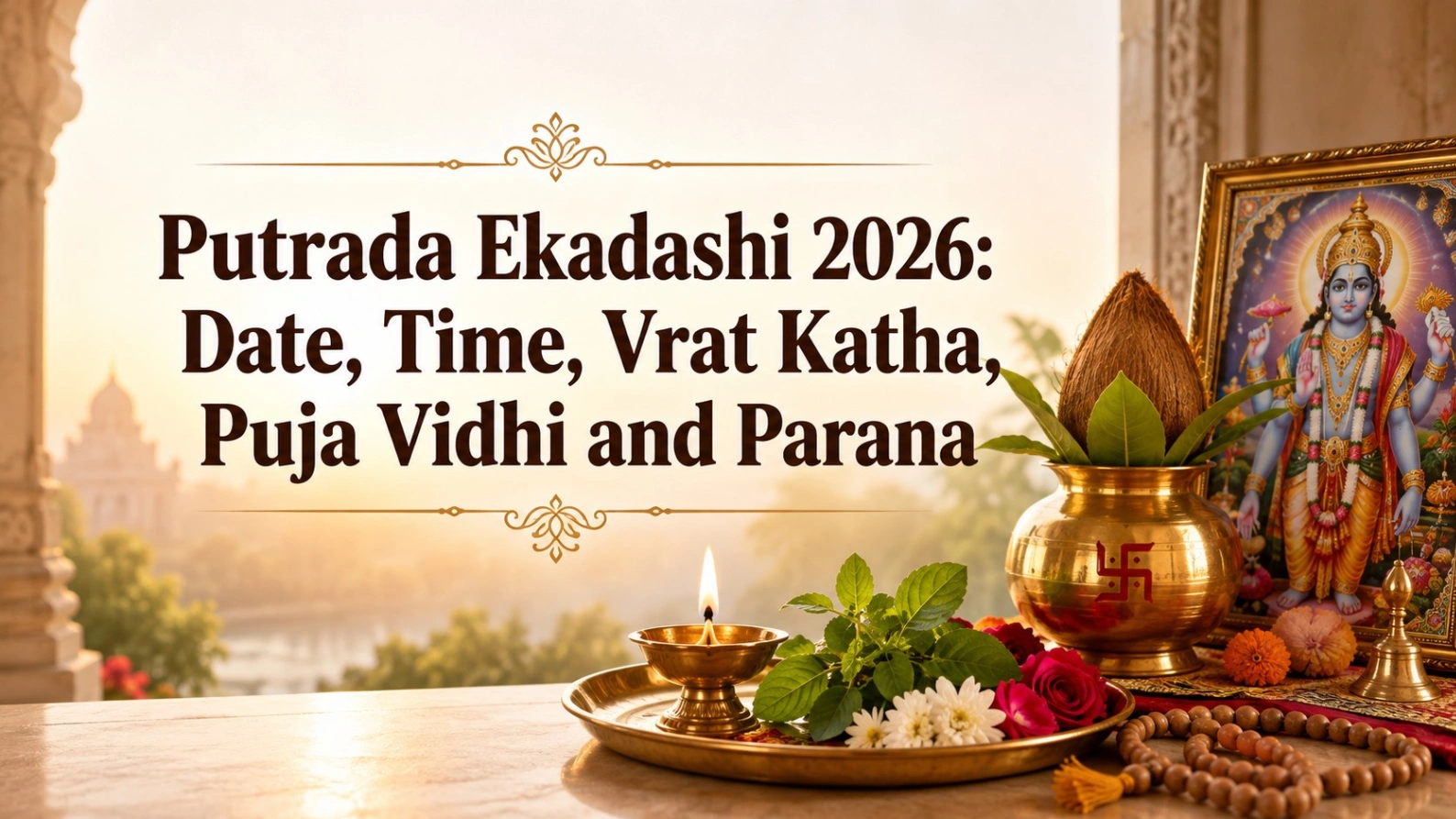 Putrada Ekadashi 2026 banner featuring Lord Vishnu, a glowing diya, kalash, Tulsi leaves, flowers and prayer beads, with the title “Putrada Ekadashi 2026: Date, Time, Vrat Katha, Puja Vidhi and Parana.”