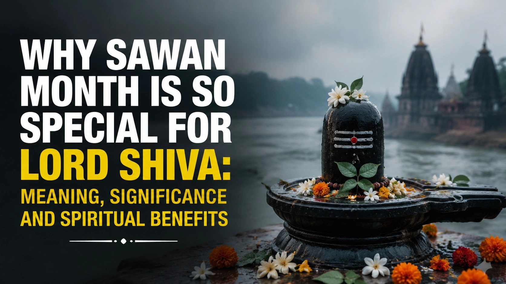 Sawan Month significance for Lord Shiva featuring a sacred Shiva Lingam decorated with flowers near a peaceful riverside temple, with bold text highlighting the spiritual meaning, importance, and divine connection of Sawan.