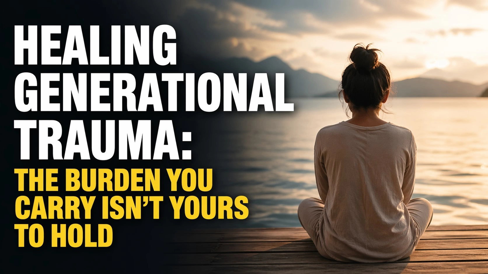 A minimalist 16:9 thumbnail showing a person sitting peacefully by a lakeside at sunset, facing calm water and distant mountains, symbolizing introspection and healing. On the left side, bold large text reads “HEALING GENERATIONAL TRAUMA:” in white, followed by “THE BURDEN YOU CARRY ISN’T YOURS TO HOLD” in bright yellow, creating a strong emotional and spiritual visual contrast.