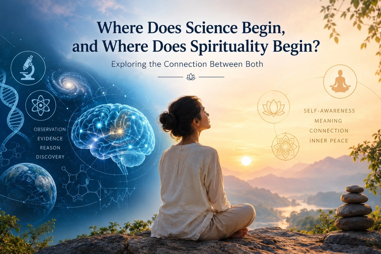 Illustration contrasting science and spirituality, featuring a human brain, scientific symbols, and a meditating woman representing consciousness, self-awareness, meaning, and inner peace