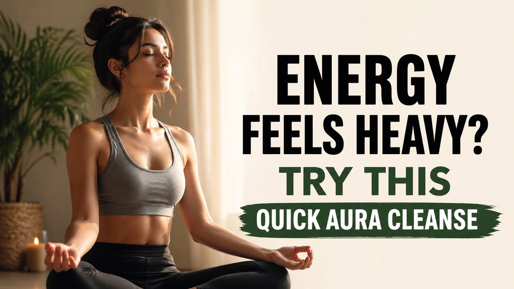 A calm, minimal wellness scene featuring a woman meditating indoors with soft natural light, symbolizing inner peace and energy balance. Bold text on the right reads “ENERGY FEELS HEAVY? TRY THIS – QUICK AURA CLEANSE,” highlighting a simple and effective aura cleansing method.
