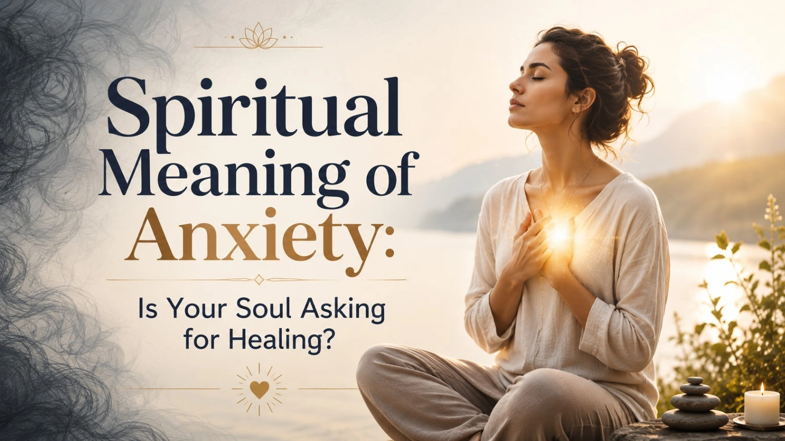 A peaceful woman sits in meditation by a calm lakeside with a glowing light near her heart, symbolizing emotional healing and inner peace. The bold title reads, “Spiritual Meaning of Anxiety: Is Your Soul Asking for Healing?”