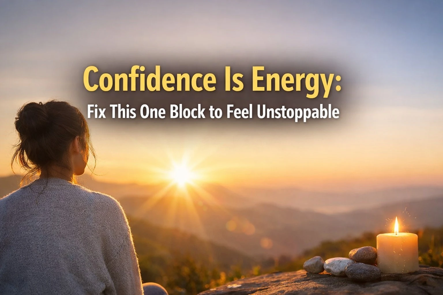 A minimalist 16:9 digital image showing a calm, confident person standing in soft natural light with a subtle glowing aura around them, symbolizing inner energy and self-power, with the bold title “Confidence Is Energy: Fix This One Block to Feel Unstoppable” prominently displayed in clean, modern typography.