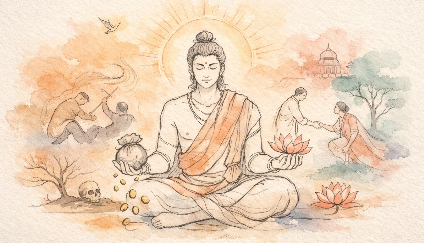 Soft watercolor spiritual line art illustration of a serene meditative figure symbolizing karma, centered with balanced symmetry. The figure sits cross-legged with a gentle radiant halo, holding symbols of good and bad actions on either side. Thin charcoal outlines blend with flowing washes of saffron, muted teal, lotus pink, deep indigo, and warm ivory tones. Subtle golden light accents glow softly against a textured watercolor paper background, creating a sacred, timeless, and uplifting mood with ample negative space for text.