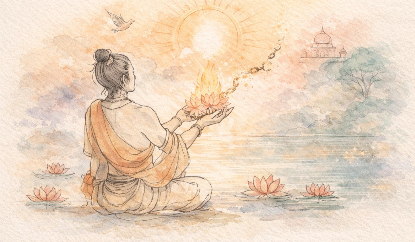 Soft watercolor spiritual line art illustration of a serene figure seated by calm water, offering a glowing lotus in an act of surrender and karma yoga. Thin charcoal outlines blend with gentle washes of saffron, muted teal, lotus pink, and warm ivory. A radiant golden sun glows above, with subtle light accents and a distant temple silhouette in the background. The textured watercolor paper and balanced composition create a sacred, peaceful, and timeless atmosphere.