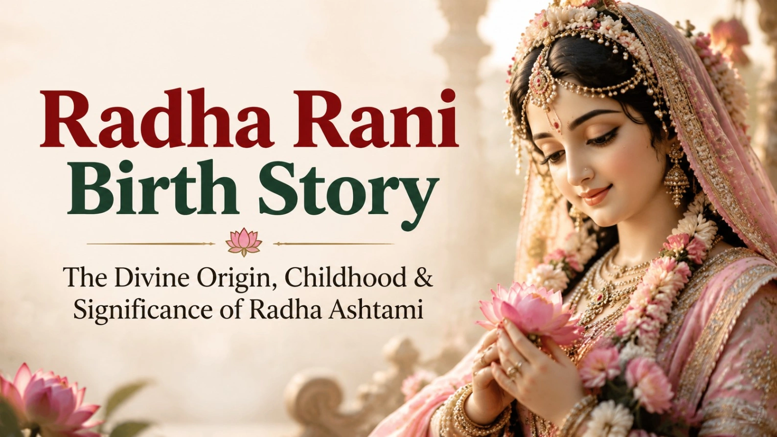 Radha Rani Birth Story blog thumbnail featuring a divine portrait of Radha Rani holding a pink lotus, with bold text “Radha Rani Birth Story” and subtitle “The Divine Origin, Childhood & Significance of Radha Ashtami” on a soft beige background.