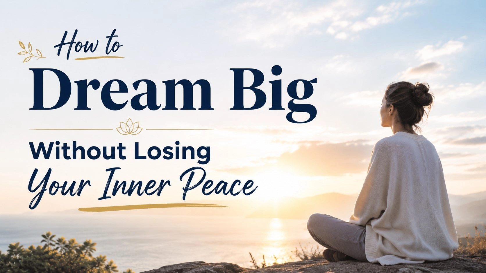 Peaceful woman sitting near a sunrise horizon with bold title text, “How to Dream Big Without Losing Your Inner Peace,” representing calm ambition, spiritual growth, and inner peace.
