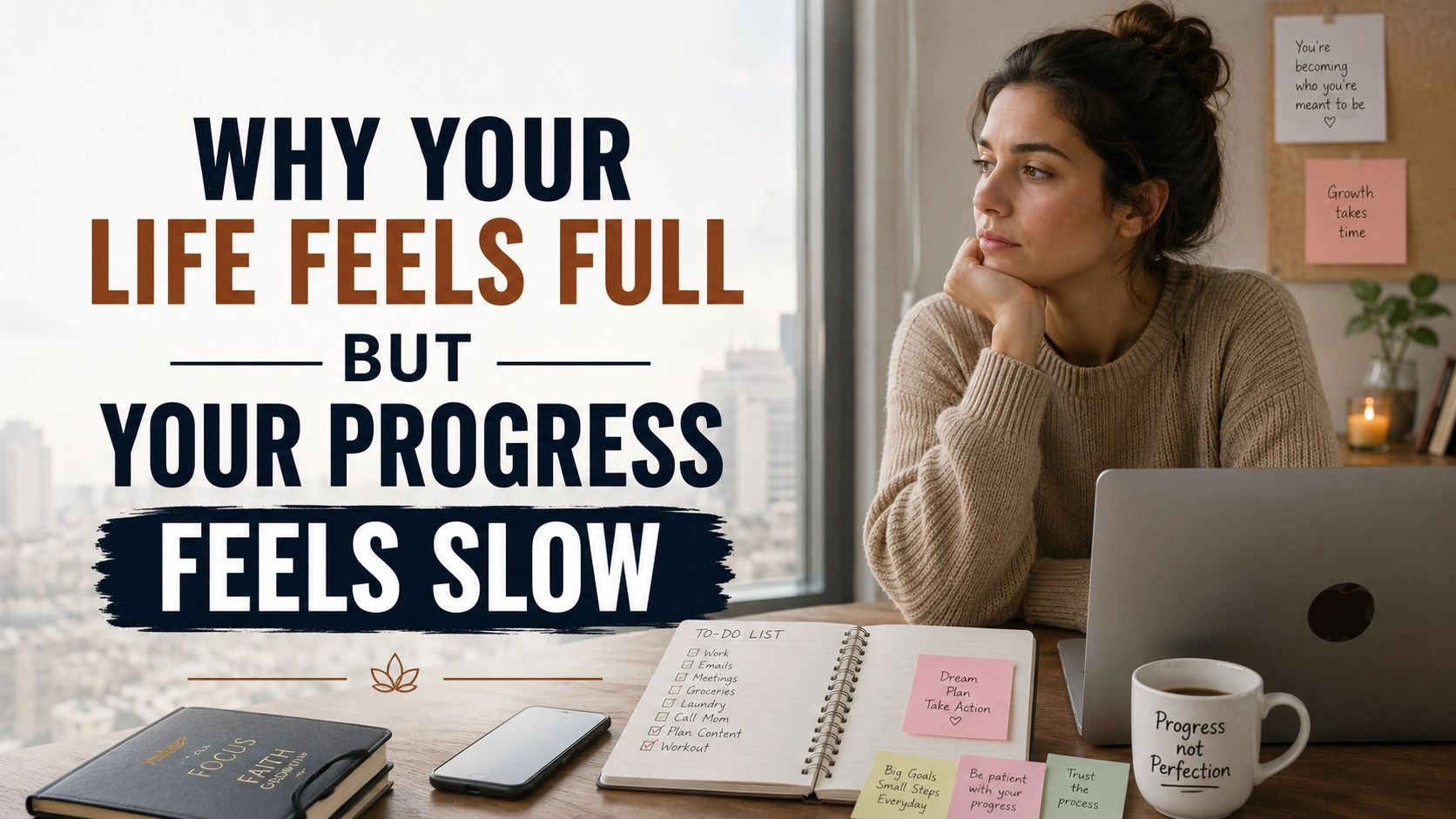 Thoughtful woman sitting at a busy desk with laptop, planner, to-do list, sticky notes, and coffee mug, reflecting on slow progress in life with bold title text “Why Your Life Feels Full but Your Progress Feels Slow” in a realistic 16:9 blog header.