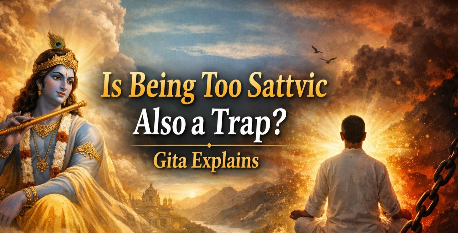 Realistic 16:9 spiritual illustration showing Lord Krishna and a meditating seeker, symbolizing sattva guna and bondage, with the title “Is Being Too Sattvic Also a Trap? Gita Explains” displayed prominently.