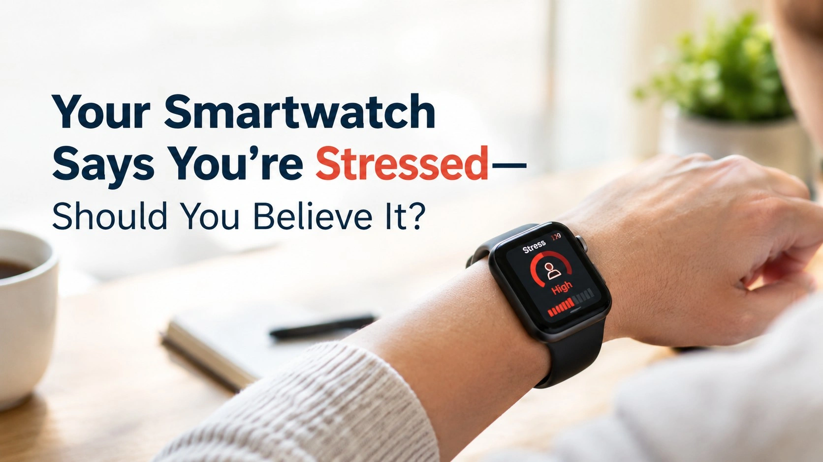 A smartwatch displaying a high stress alert on a person