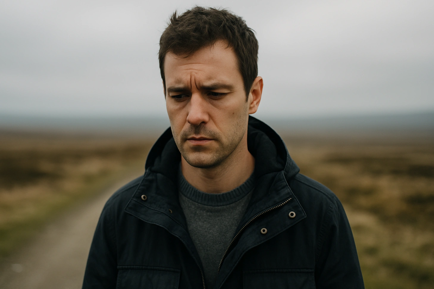 A realistic close-up photograph of a young man standing outdoors in an open, muted landscape, looking down with a worried and thoughtful expression, under a cloudy grey sky.