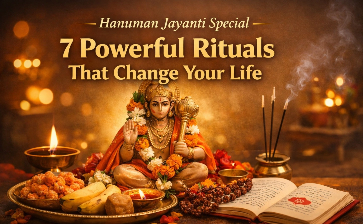 Hanuman Jayanti themed image featuring a decorated idol of Lord Hanuman surrounded by diya, incense sticks, prasad like laddoos and bananas, with bold golden text reading “Hanuman Jayanti Special: 7 Powerful Rituals That Change Your Life” in a warm spiritual background.