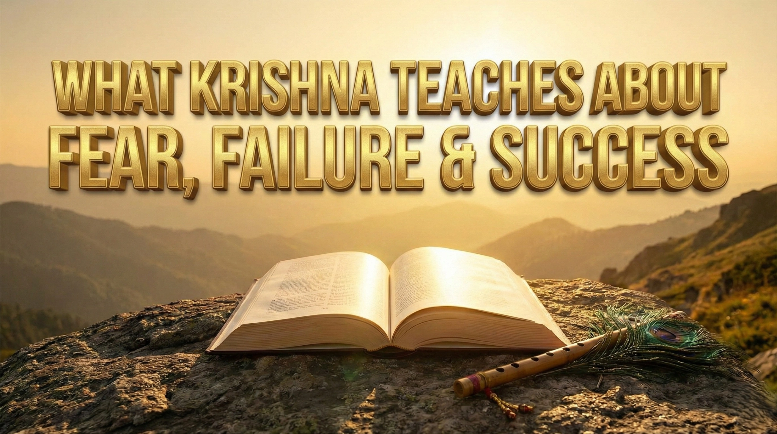 A warm, spiritual blog thumbnail featuring an open book with an illustration of Lord Krishna, alongside prayer beads and a cup of tea on a wooden table. Large, bold golden text overlays the scene reading: 