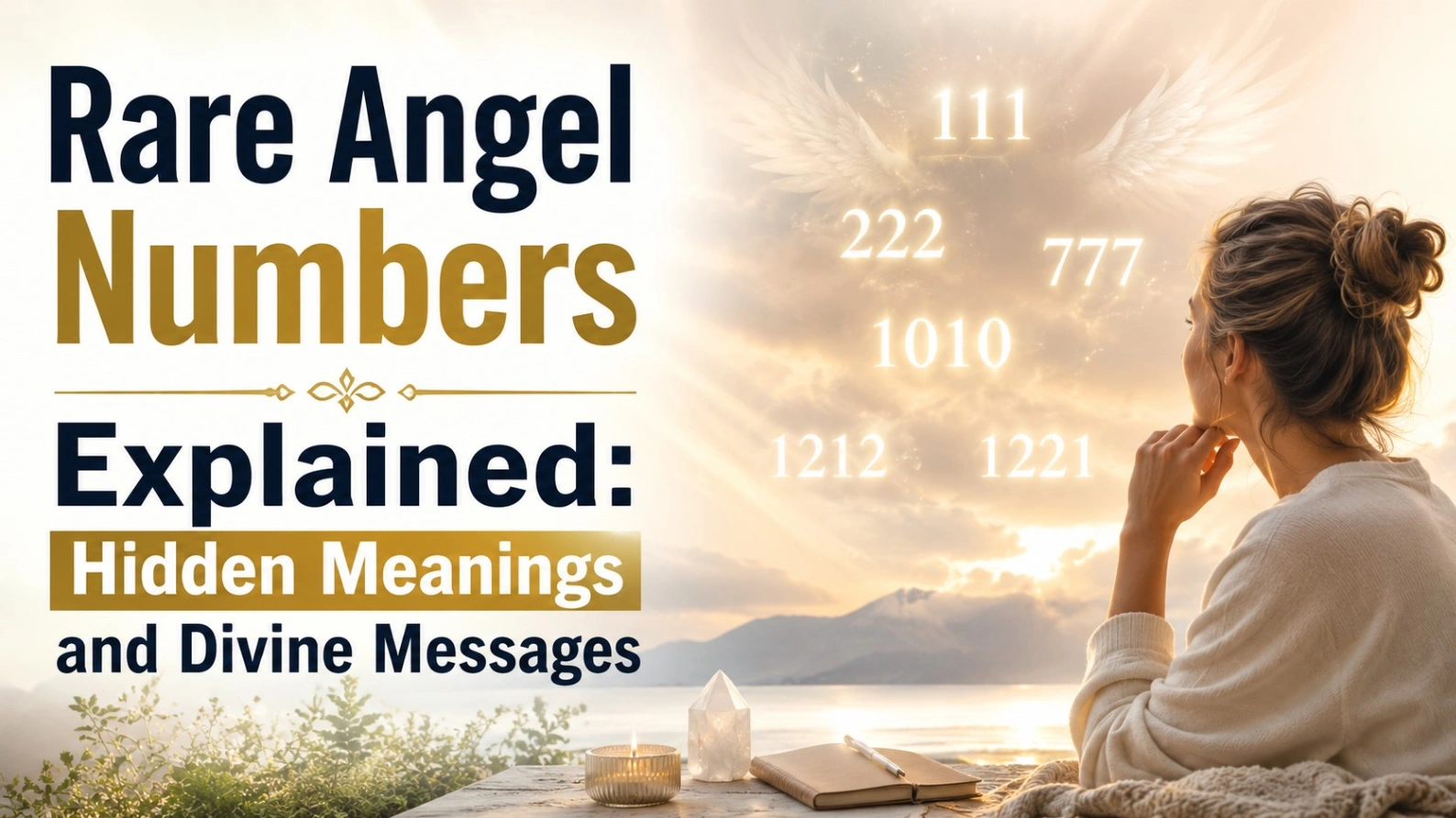 Realistic spiritual scene featuring a woman observing glowing rare angel numbers in the sky, with the bold title “Rare Angel Numbers Explained: Hidden Meanings and Divine Messages.”
