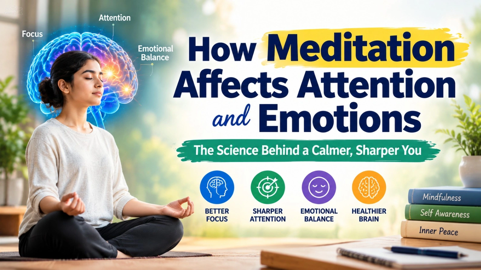 How Meditation Affects Attention and Emotions — a woman meditating beside a glowing brain illustration, highlighting focus, attention, emotional balance, and mindfulness.