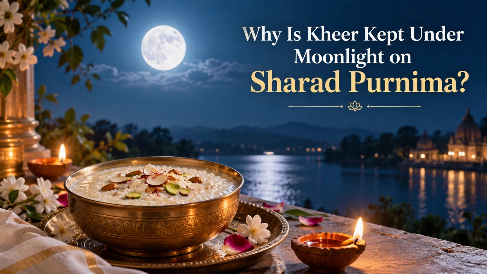 Sharad Purnima kheer kept under bright full moonlight with diyas, flowers and a traditional festive setting, symbolising the sacred moonlight ritual.