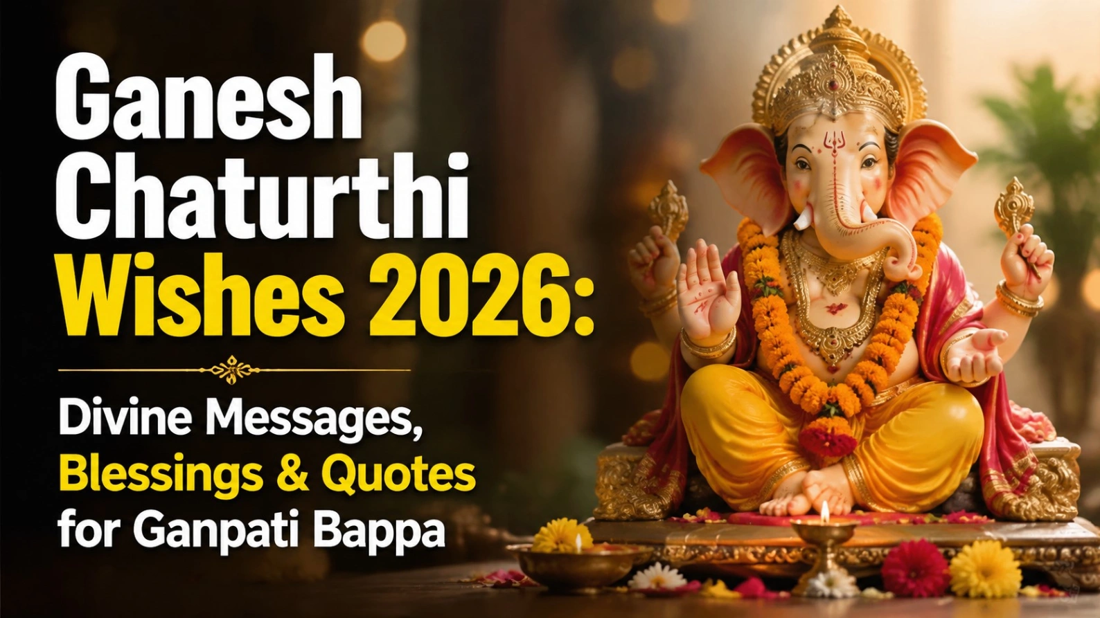 Ganesh Chaturthi Wishes 2026 banner featuring Lord Ganesha idol with divine decorations, diya, flowers, and bold text highlighting Ganpati Bappa blessings, messages, and quotes.