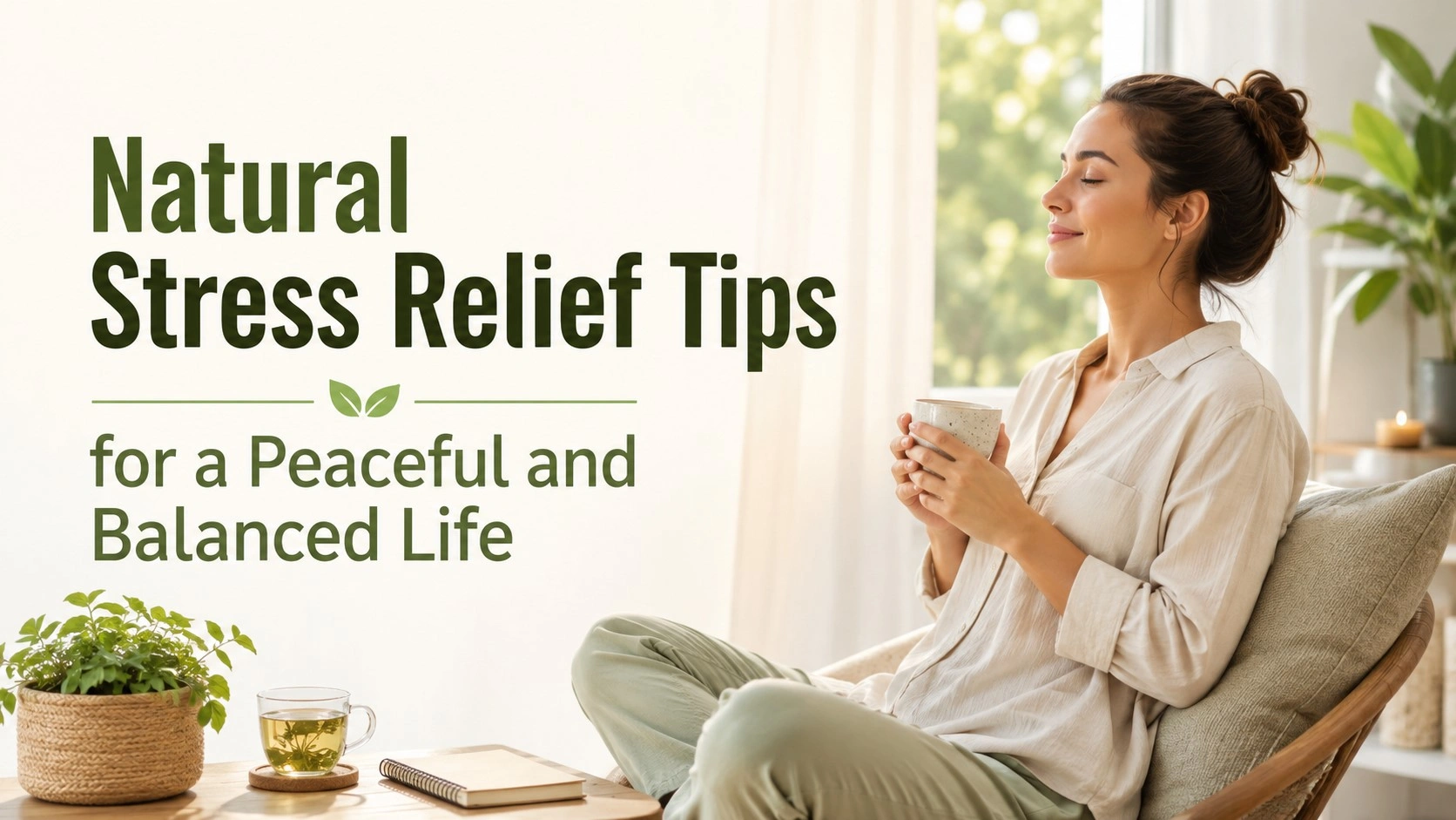 Woman relaxing with herbal tea in a sunlit room, surrounded by plants, with the text “Natural Stress Relief Tips for a Peaceful and Balanced Life.”