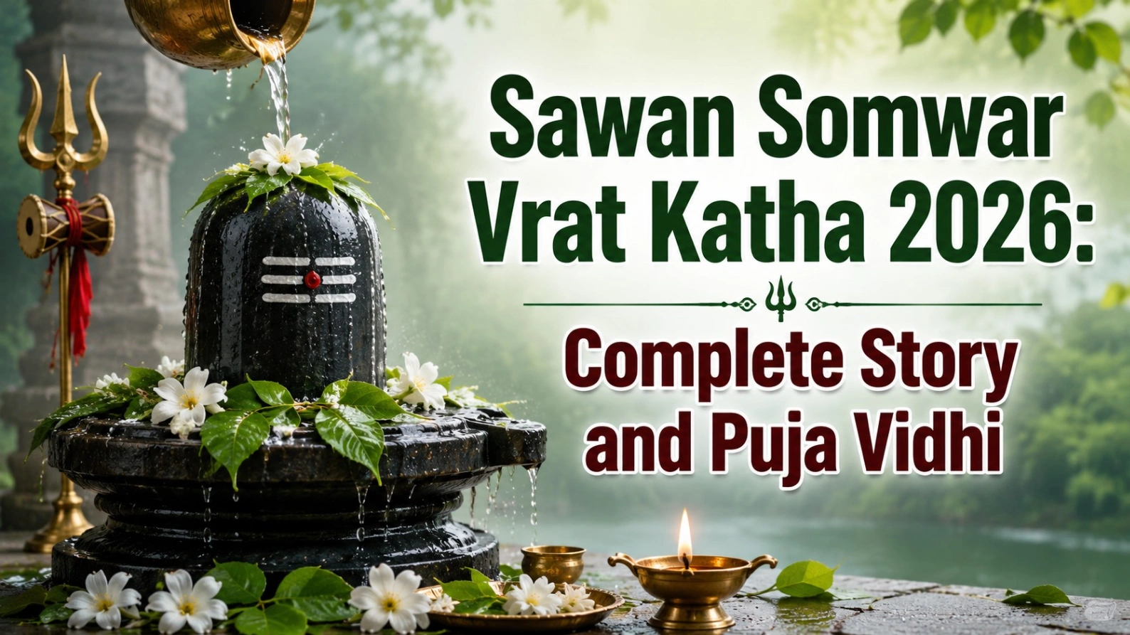 Realistic Shivling decorated with bel leaves and white flowers during Jalabhishek, with a diya and bold text reading “Sawan Somwar Vrat Katha 2026: Complete Story and Puja Vidhi.”