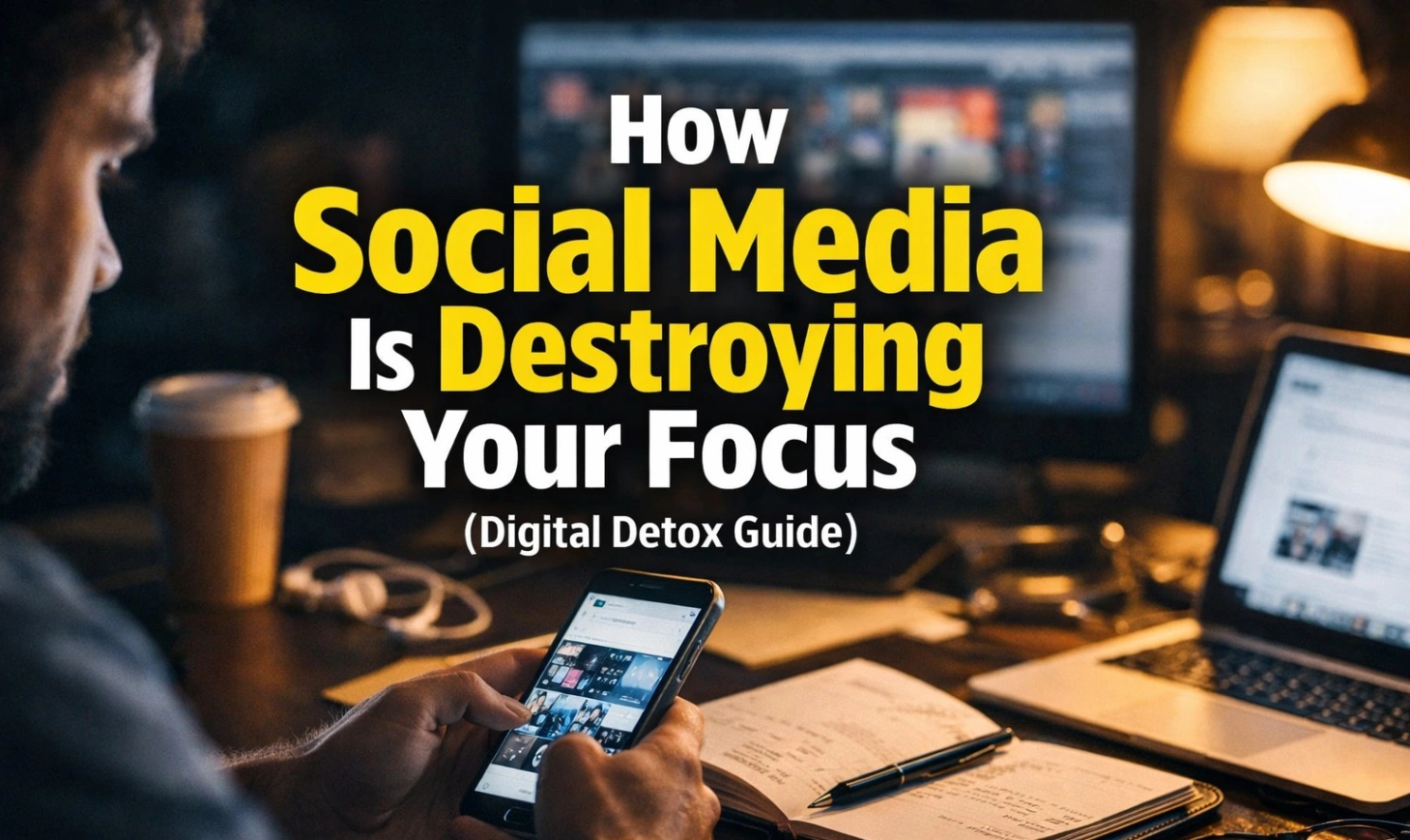 Bold 16:9 thumbnail showing a person scrolling on a smartphone at a cluttered desk with a laptop and coffee, highlighting distraction; large text reads “How Social Media Is Destroying Your Focus (Digital Detox Guide)”.