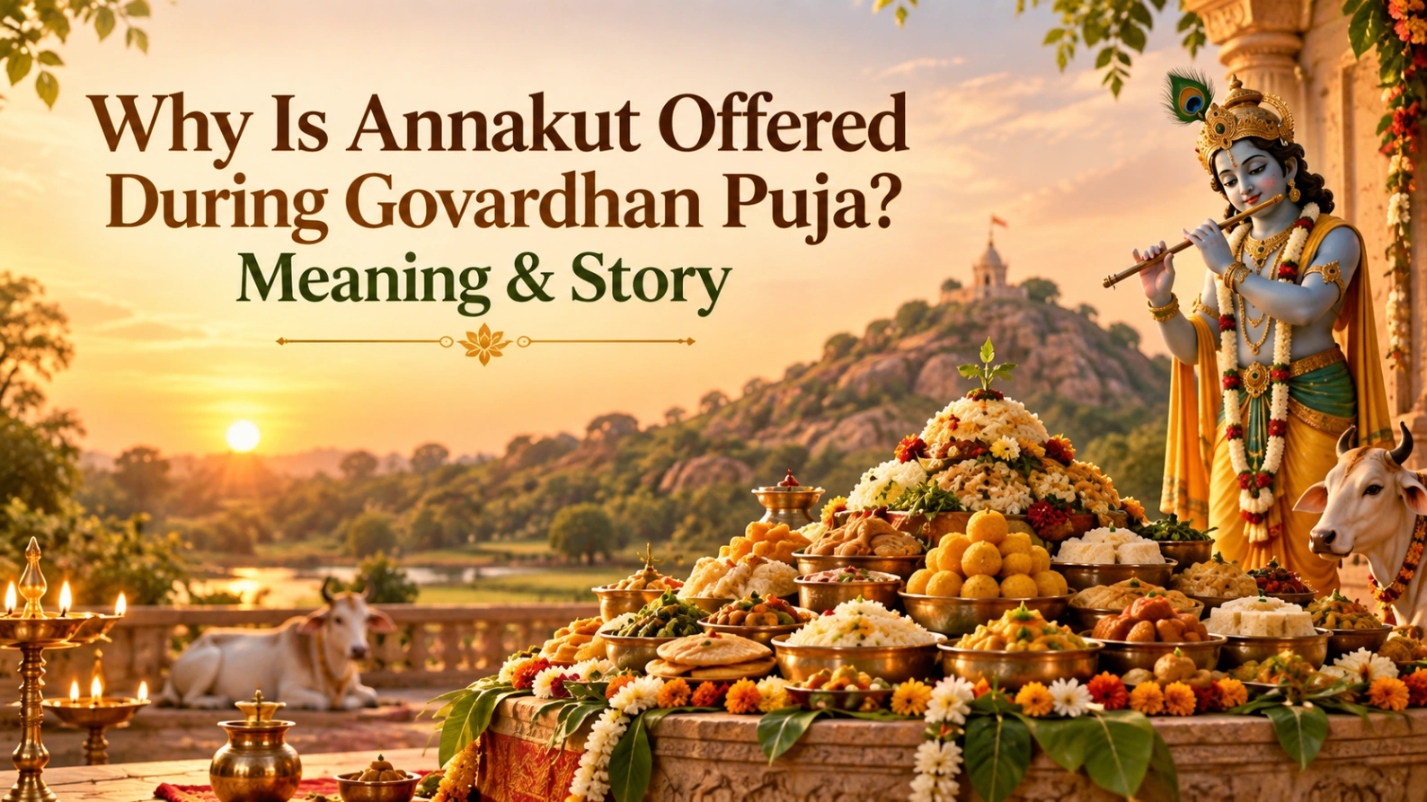 Annakut food offerings arranged like Govardhan Hill with Lord Krishna, cows, diyas, and the title “Why Is Annakut Offered During Govardhan Puja? Meaning & Story.”