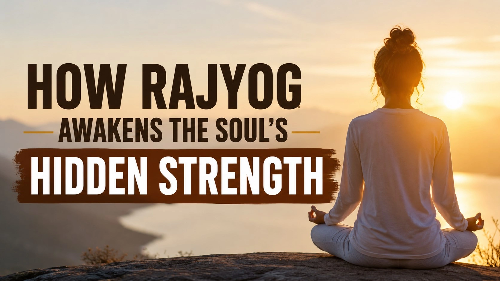 A peaceful person meditating near a calm lake during sunrise, symbolizing how Rajyog awakens the soul’s hidden strength, inner peace, and spiritual power.