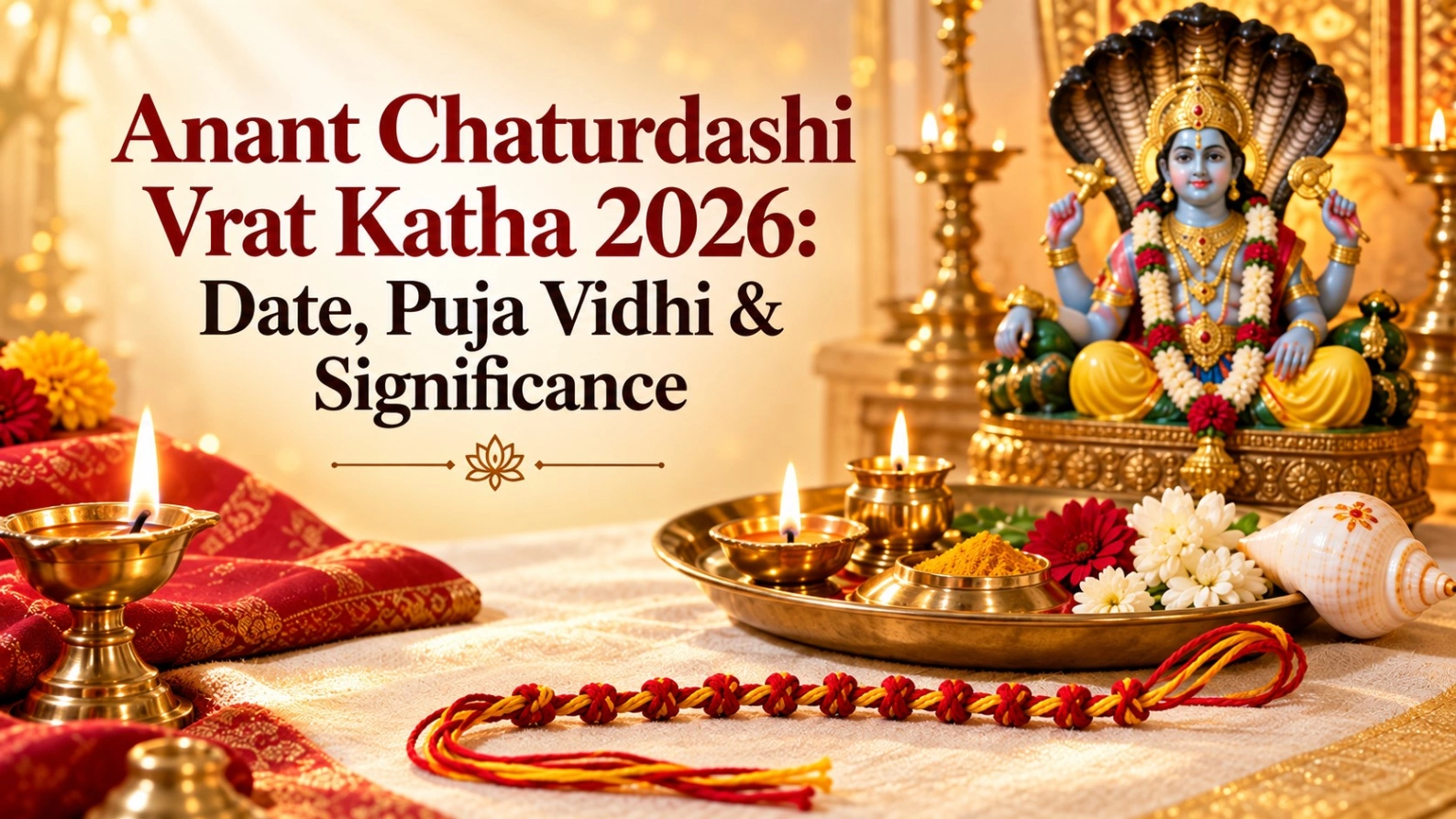 Anant Chaturdashi Vrat Katha 2026 with Lord Vishnu, sacred Anant Sutra, diya, flowers and puja thali for Anant Chaturdashi puja vidhi.